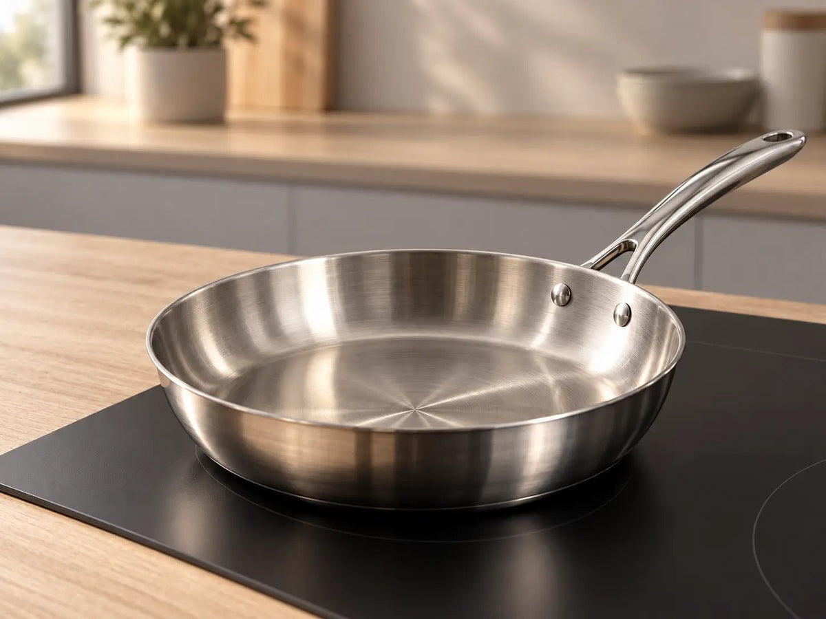 Poêle en inox brillante posée sur une plaque de cuisson, guide d'achat 2026