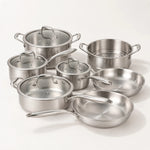 batterie de cuisine en inox avec 2 poêles inox 2 casseroles inox une sauteuse inox et une marmite inox