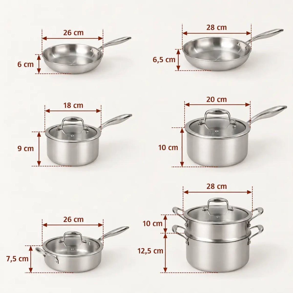 dimensions de la batterie de cuisine en inox